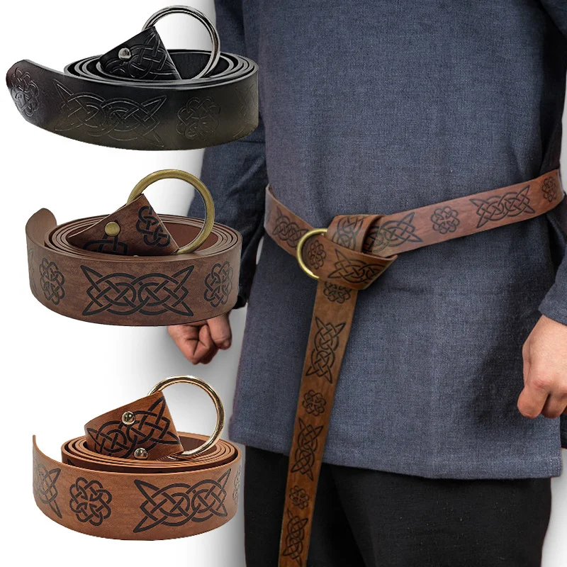 

Retro Leather Belt Medieval Embossed Viking Vegvisir PU Leather O Ring Belt Renaissance Knight Buckles Belt Leather Accessories