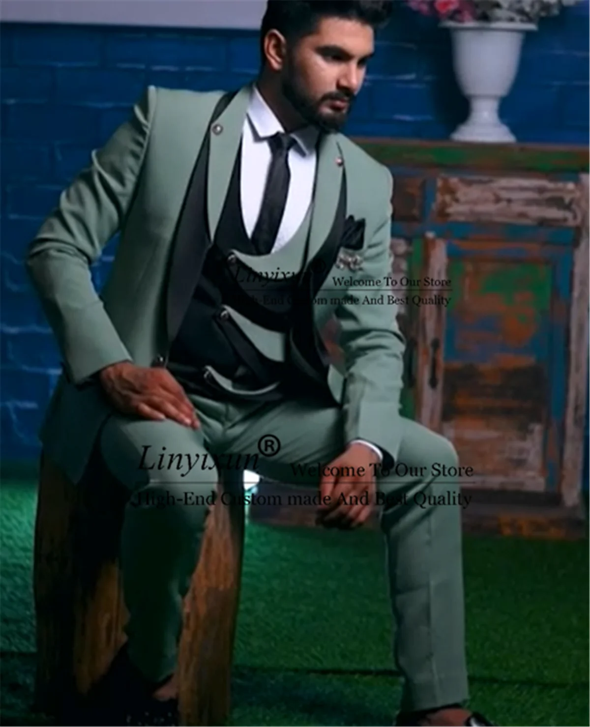 

Formal Green Men Suits Shawl Lapel Groom Tuxedos for Wedding 3 Pieces Jacket Vest Pants Sets Groomsmen Blazers Blazer Masculino
