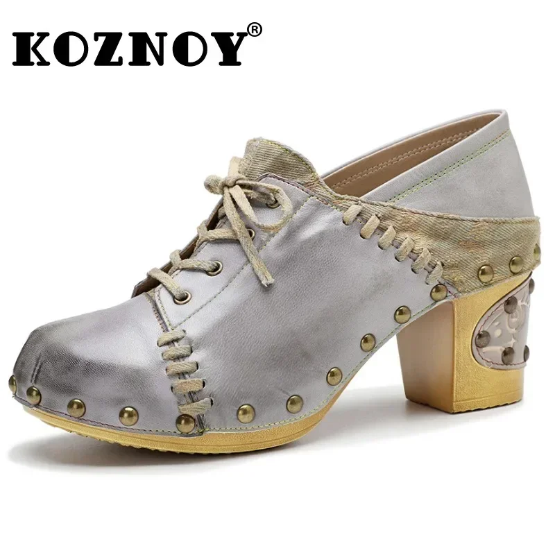 

Koznoy Leather Shoes Pump for Women 7.5cm Denim Sheepskin Ethnic Luxury Female Elegant British Autumn Women Plus Size Fashion