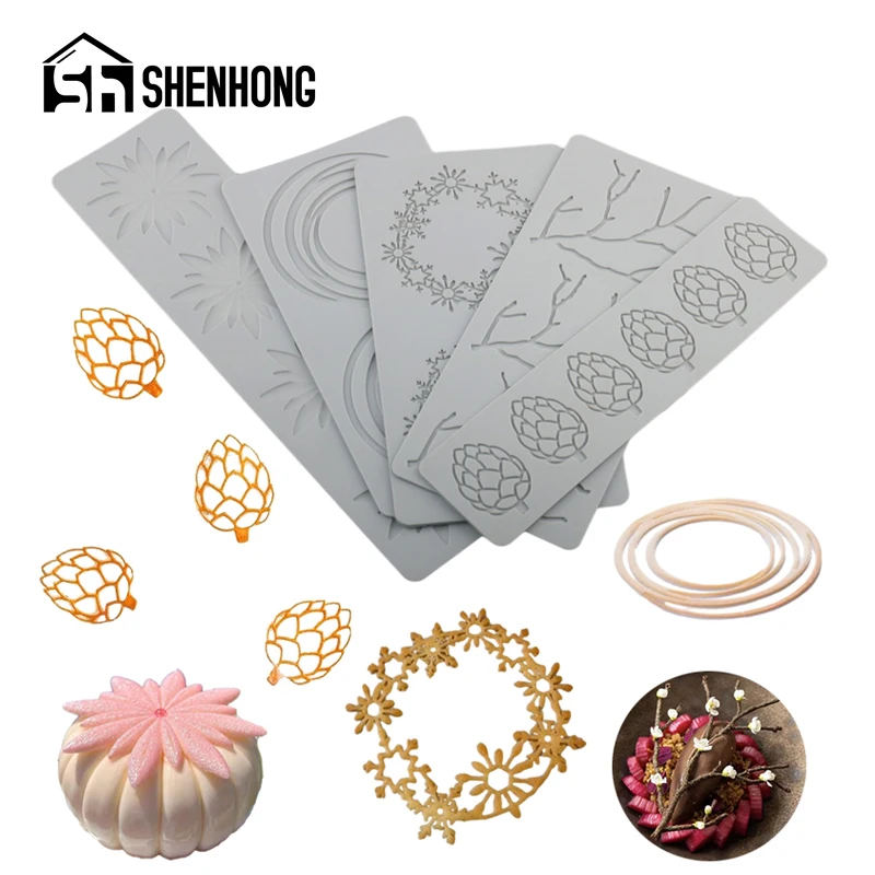 SHENHONG Dessert Decoration Sugarcraft Silicone Pad Leaves or Geometric Texture Chocolate Silicone Lace Mat Fondant Cake Molds