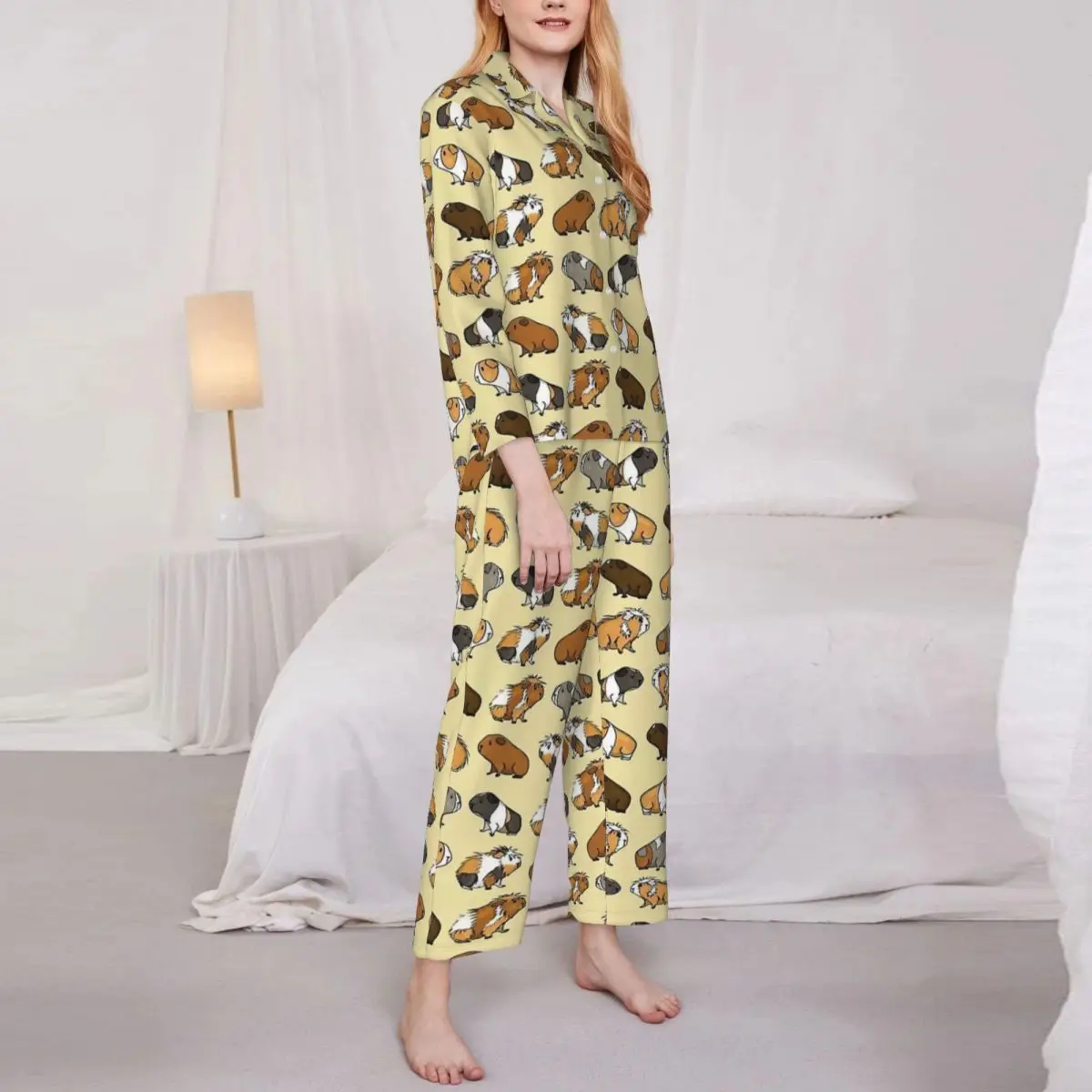 Guinea Pig Print Pajama Set Funny Animals Fashion Sleepwear Women Long Sleeves Casual Loose Room 2 Pieces Nightwear Big Size 2XL