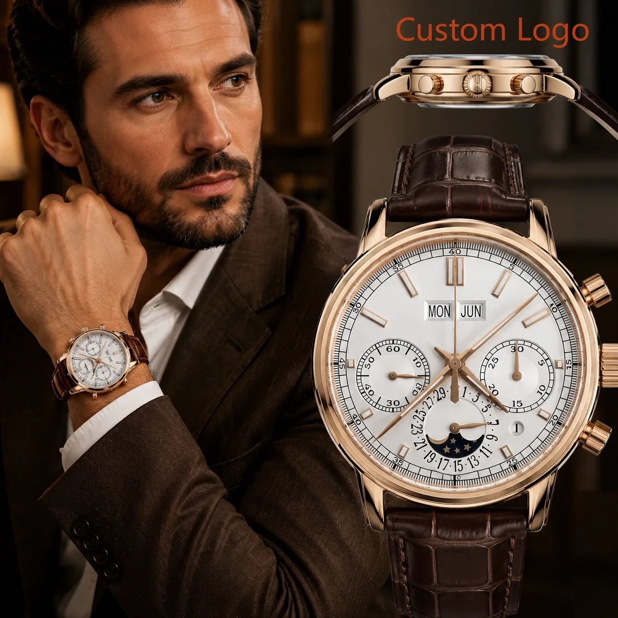 Men Gold Moon Phase Perpetual Calendar Watch Leather Strap Chronograph Waterproof Business Automatic Male Customized Watches