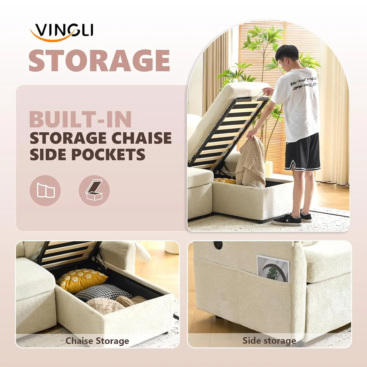 Convertible Sofa Bed with Pull Out Sleeper, L-Sectional with Storage Chaise, USB & Side Pockets, Plush Fleece, Beige, Customized