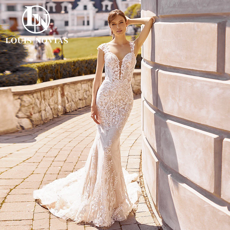 LOUIS NOVIAS Mermaid Wedding Dresses For Women 2024 Spaghetti Straps Embroidery Tulle Champagne Wedding Gown Vestidos De Novia