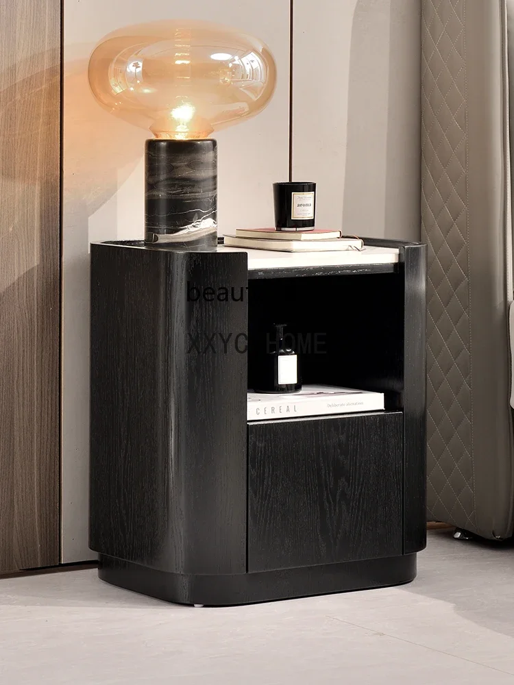 

High-End Stone Plate Bedside Table Modern Minimalist Bedroom Italian Light Luxury Black Oak Storage Bed Side Cabinet