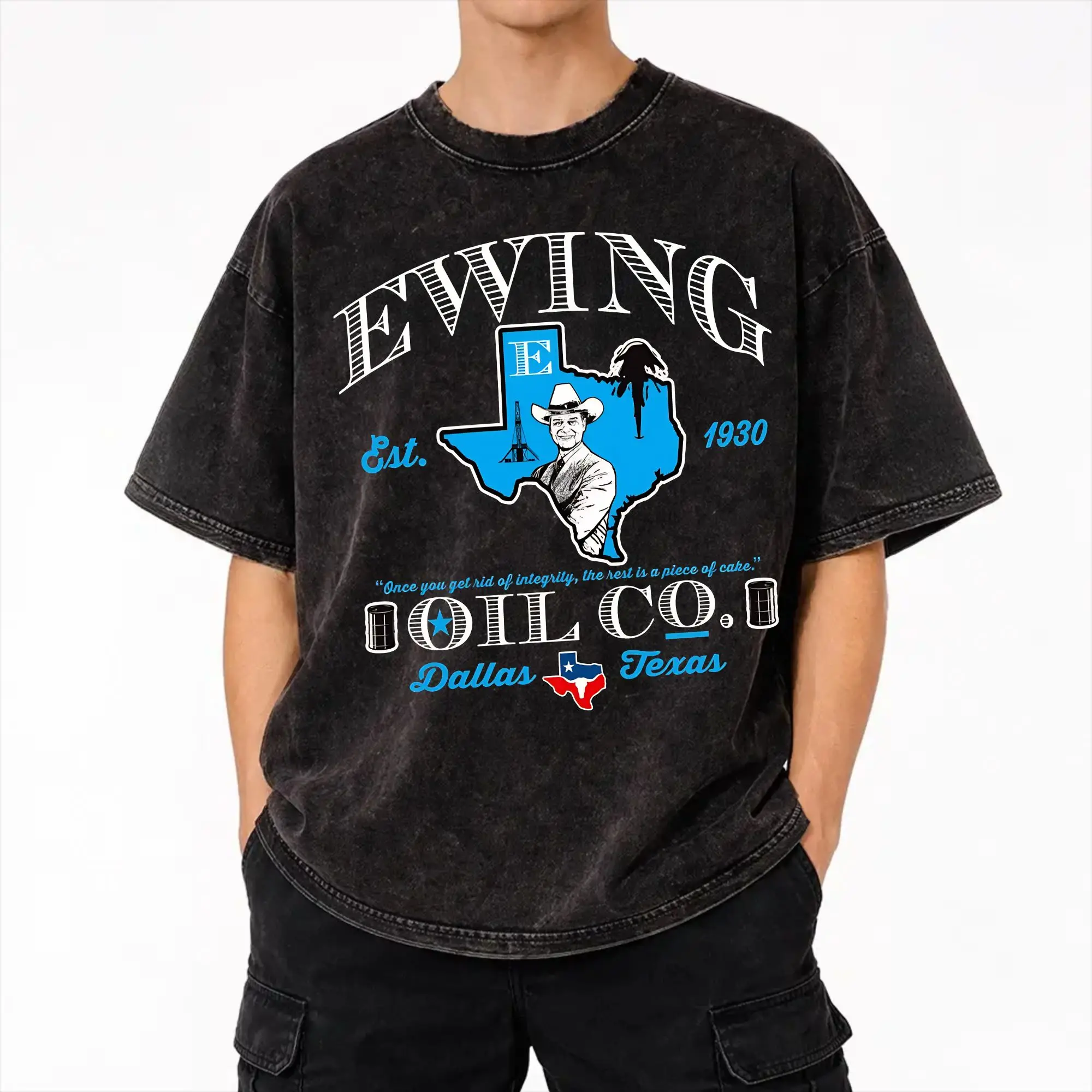Ewing Oil Co. Dallas 70s TV Show Apparel Washed T Shirts for Men Women Streetwear Hip Hop T-Shirt Graphic  Tees Tops 100% Cotton