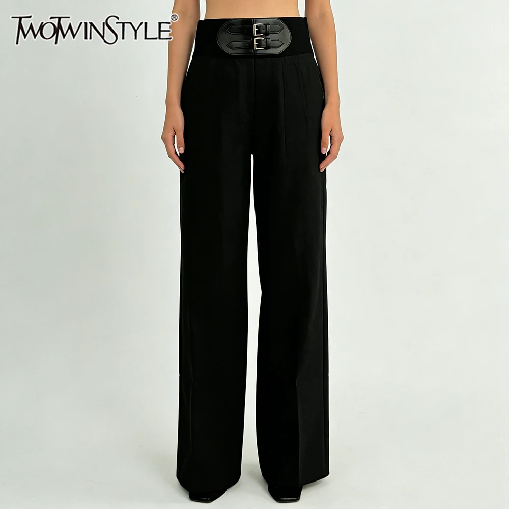 TWOTWINSTYLE Chic Stylish Daily Black High Waist Wide Leg Pant for Women Double Buckle Waist Accent for Office Business Meetings