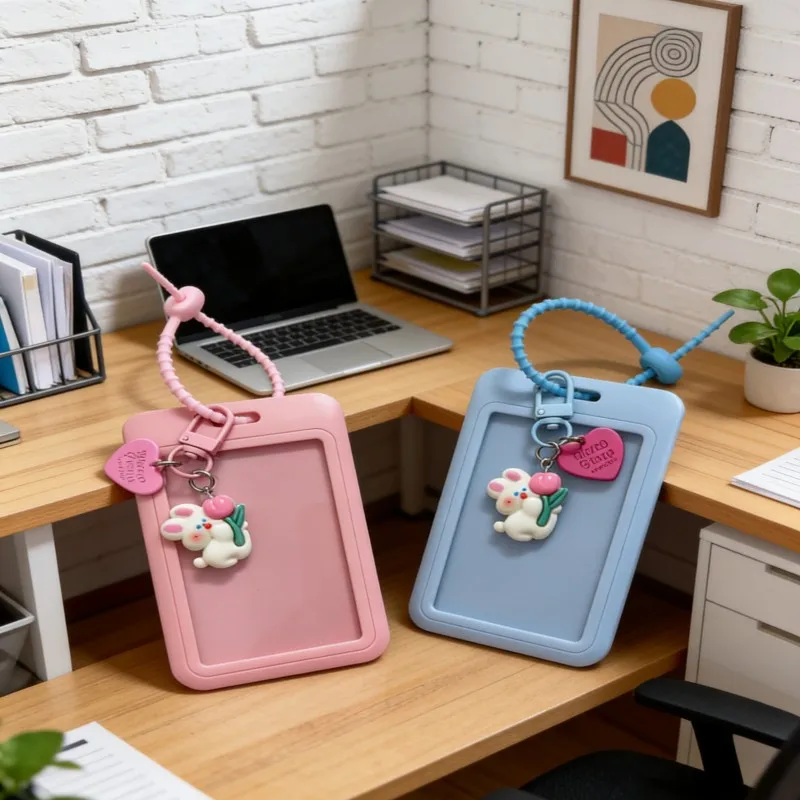 Durable Pass Card Holder - With sliding cover、The durable keychain card holder includes a lanyard and cute bunny and heart penda view 3