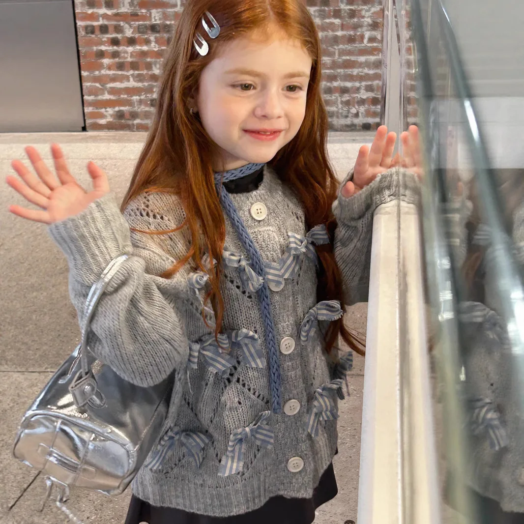

2025 Autumn New Bow Design Grey Knitted Sweater Cardigan for Kids Girls Toddler Girl Winter Clothes