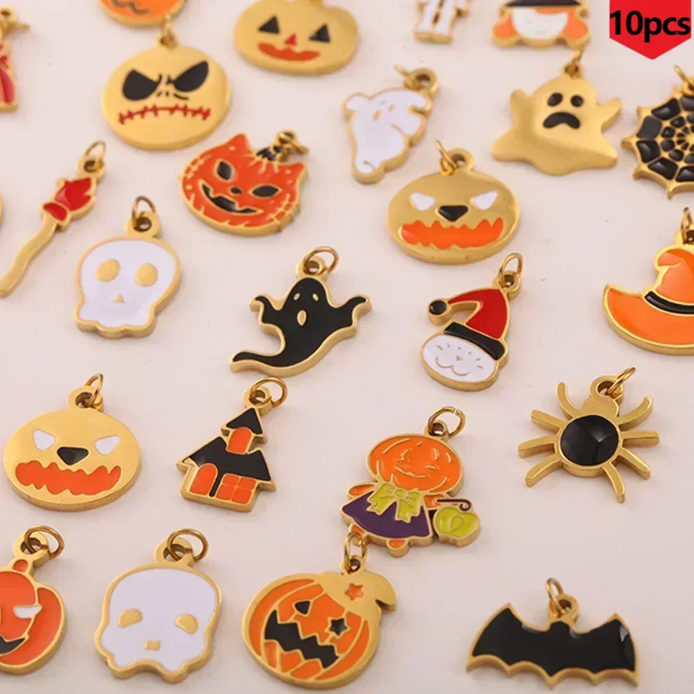 

10pcs Gothic Pumpkin Ghost Bat Enamel Halloween Charms Stainless Steel Golden Pendants for Make DIY Earrings Bracelet Necklace