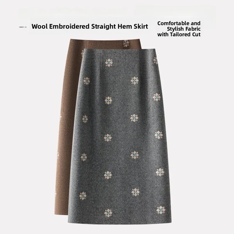 

Retro ey Snowflake Embroidery Woolen Skirt Women's Autumn Winter Thiened Mid-length Slim Fit Wrap around Straight A-...