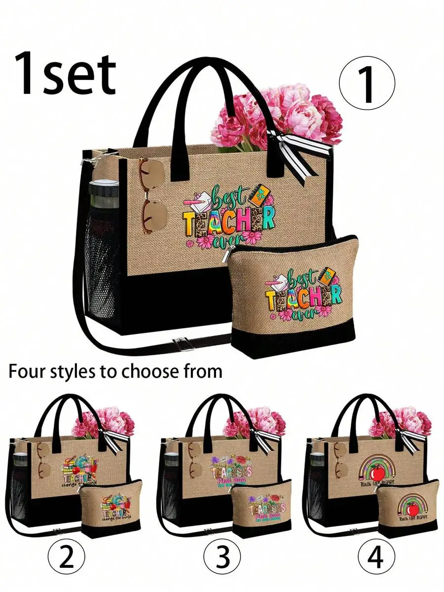 

Burlap Teacher-Themed Tote Set with Zippered Pouch and Side Pocket