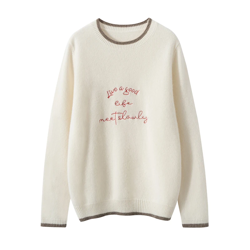 

High Quality Embroidery O-Neck Women's Pullover 100% Cashmere Grace Knitwear Autumn Winter Color Contrast Sweater Chic Sweet Top