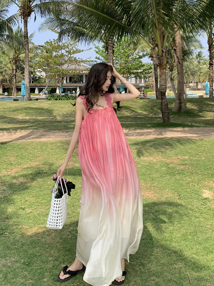 

2024Real vacation photo beach dress seaside pink gradient chiffon dress super fairy