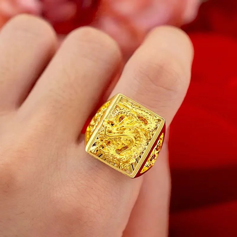 

Luxury 24K 9999 Pure Gold real gold Quartet to Cailong Pattern Ring Panlong Finger Opening Adjustable Male Ring