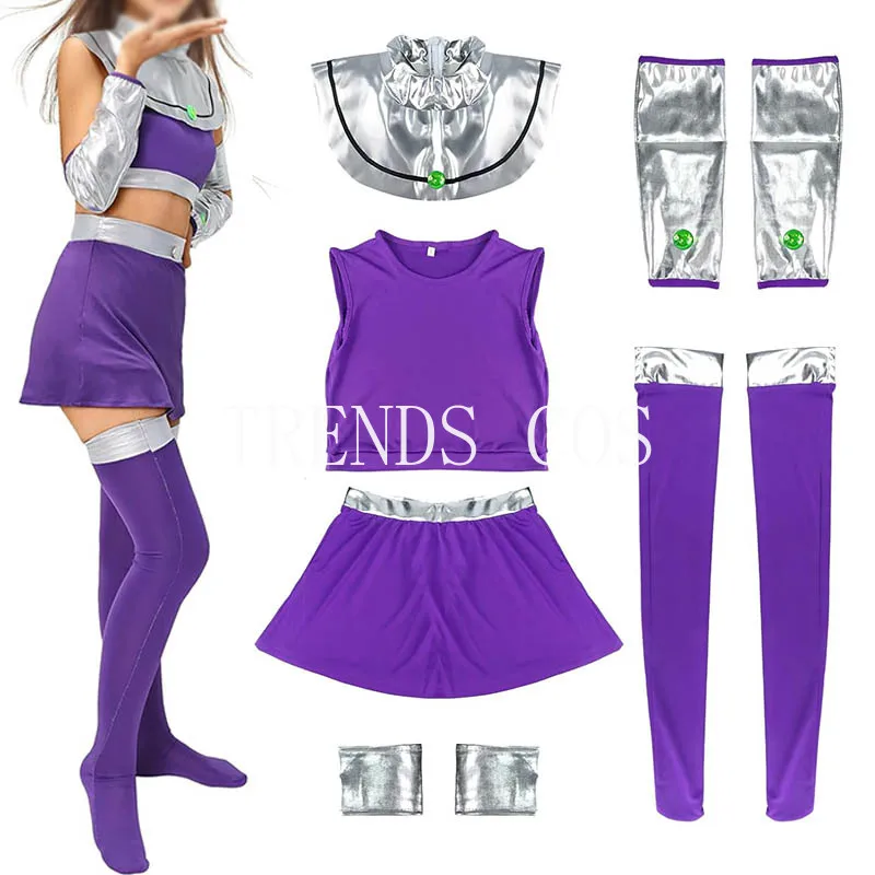 Teen Titann Starfire Costume Koriand's Dress Starfire Cosplay Women's Costume Purple Halloween Outfit with Stockings