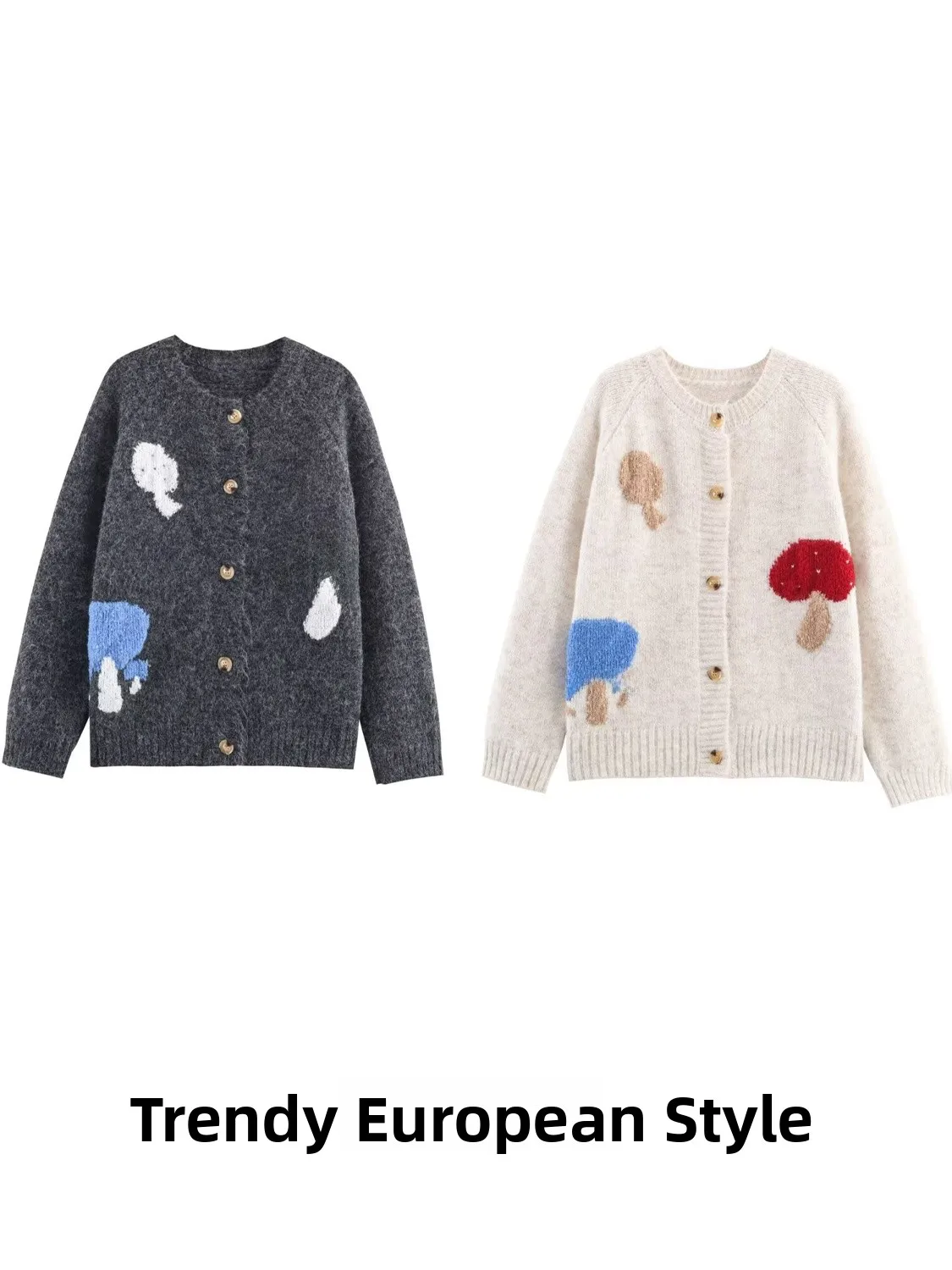 

Trendy European Sle Women's Knitted Cardigan Embroidered Musoom Design Soft Polyester Long Sve round Ne Open Front