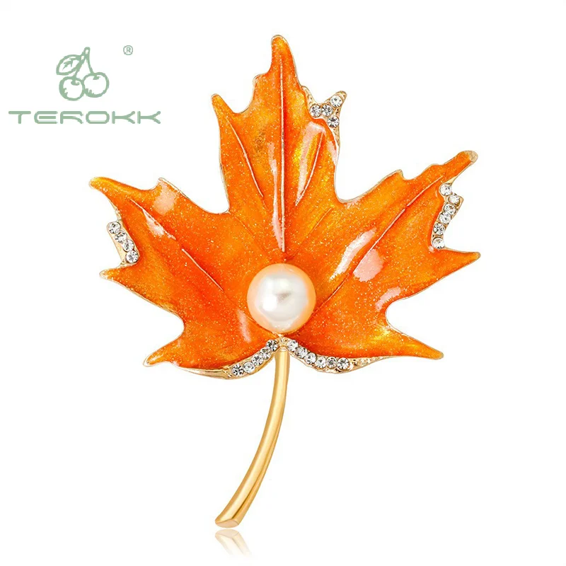 Fashion Enamel Rhinestone Pearl Maple Leaf Brooches For Women Clothing Coat Trendy Brooch Pin Jewelry Accessories Gifts﻿