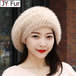 Real Mink Fur Berets Elegant Women's Winter Caps New Design Fashion Fur Hats Knitted Warm Natural Mink Fur Beanies Hat