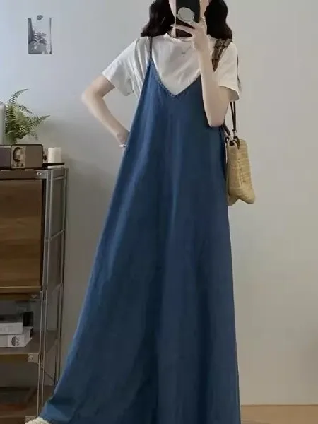 Ensemble deux pièces décontracté et respirant pour femme grande taille 300, en jean, avec T-shirt et jupe longue, coupe ample, idéal pour l'été