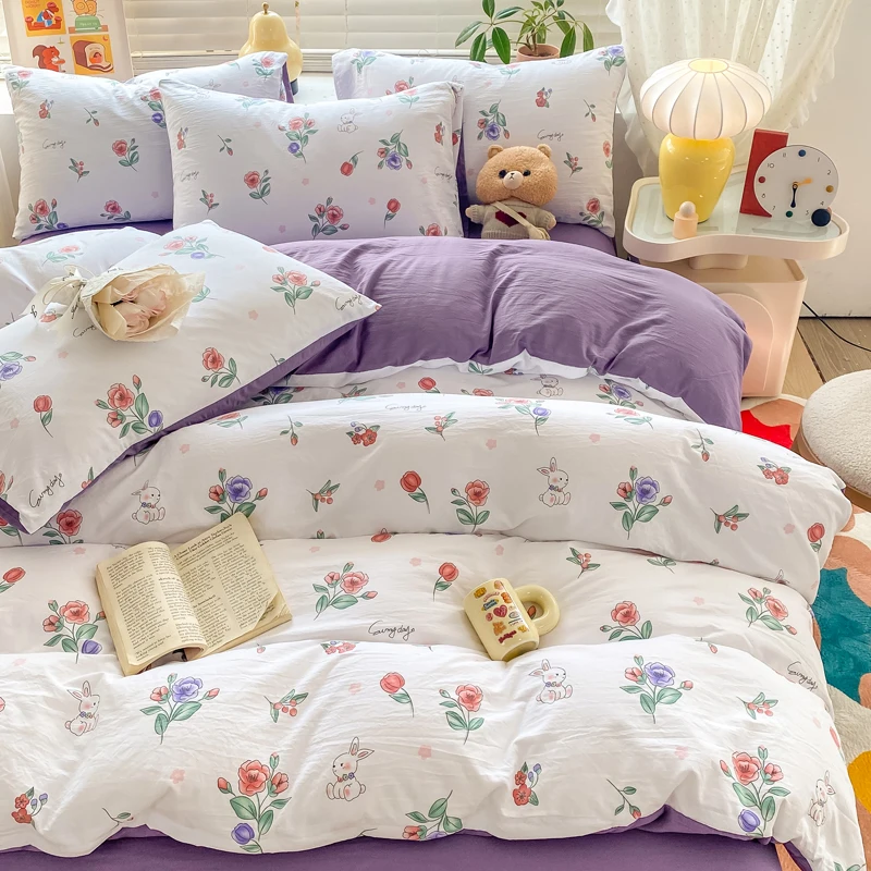 

2024 New Washing Cotton Bubble Cotton Printing Small Floral Ordinary 3-4 Pieces of Bedding Set Duvet Quilt Cover Set