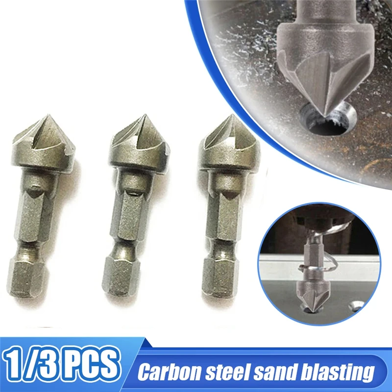 3/5PCS Hexagonal Shank Six-Blade Chamfering Tool Carbon Steel Sandblasting Knife Woodworking Hole Opener Countersink