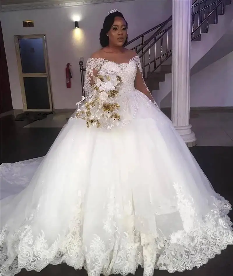 Vestidos De Novia africanos De encaje con hombros descubiertos, vestidos De Novia De manga larga con cuentas De lentejuelas, Baile De Princesa