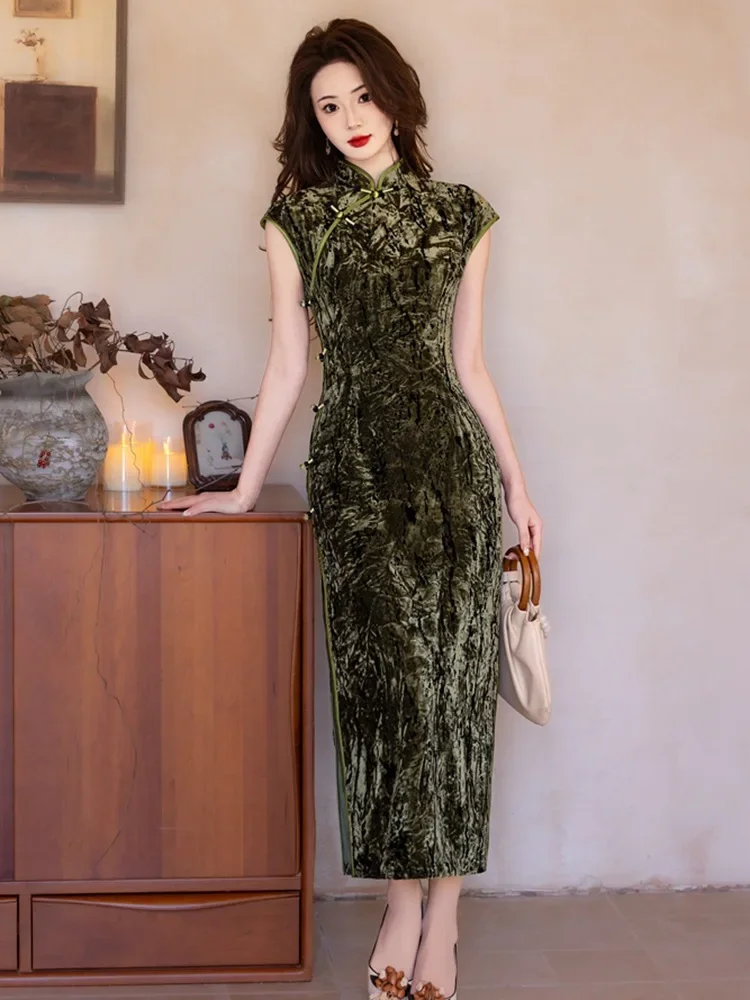 

Темно-зеленый Cheongsam, новое улучшенное элегантное длинное платье в китайском стиле в стиле ретро