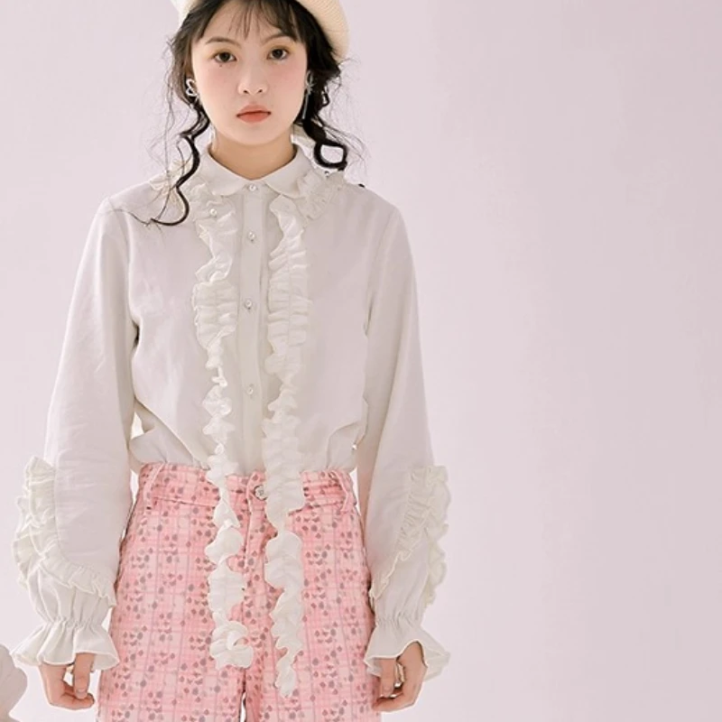 Lolita Corduroy Vintage Cute White Ruffles Cotton Long Sleeve Shirt Removable Lace Turn-down Collar Versatile Age Reducing Top