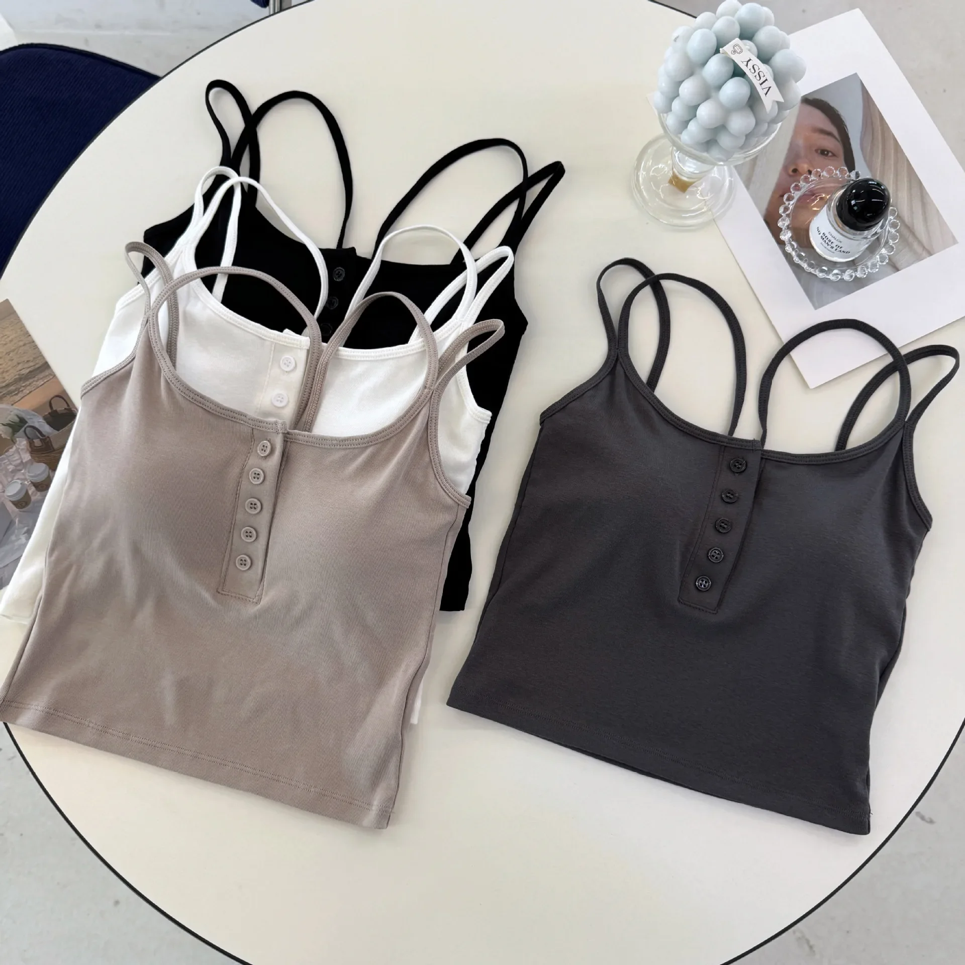 

Summer Women Slim Crop Tops With Bra Pad Sleeveless Underwear Sexy Elastic Tank Tops Knit Backless Buttons Top