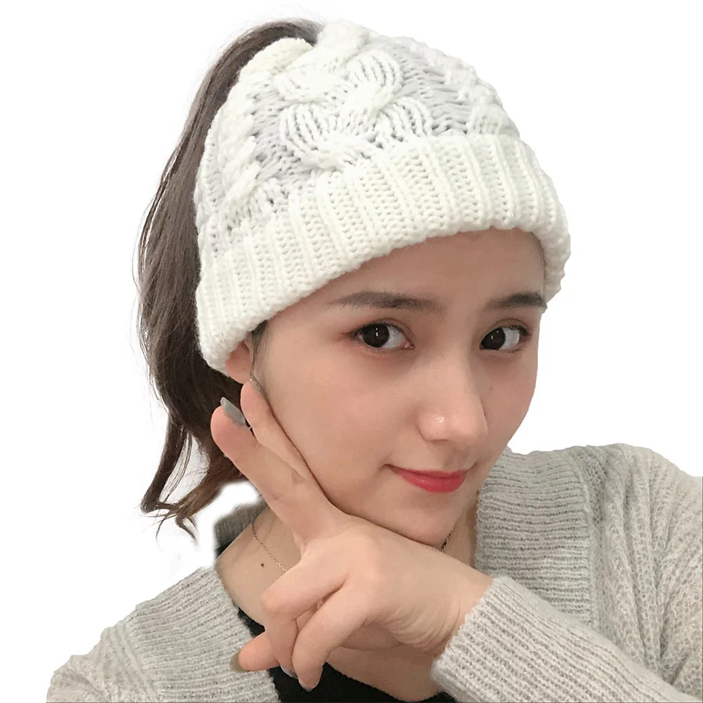 Dark Grey Knitted Ponytail Hat One Size Warm Wool Beanie Cap for Woman Autumn Winter Outdoor Running Knit Winter Hat