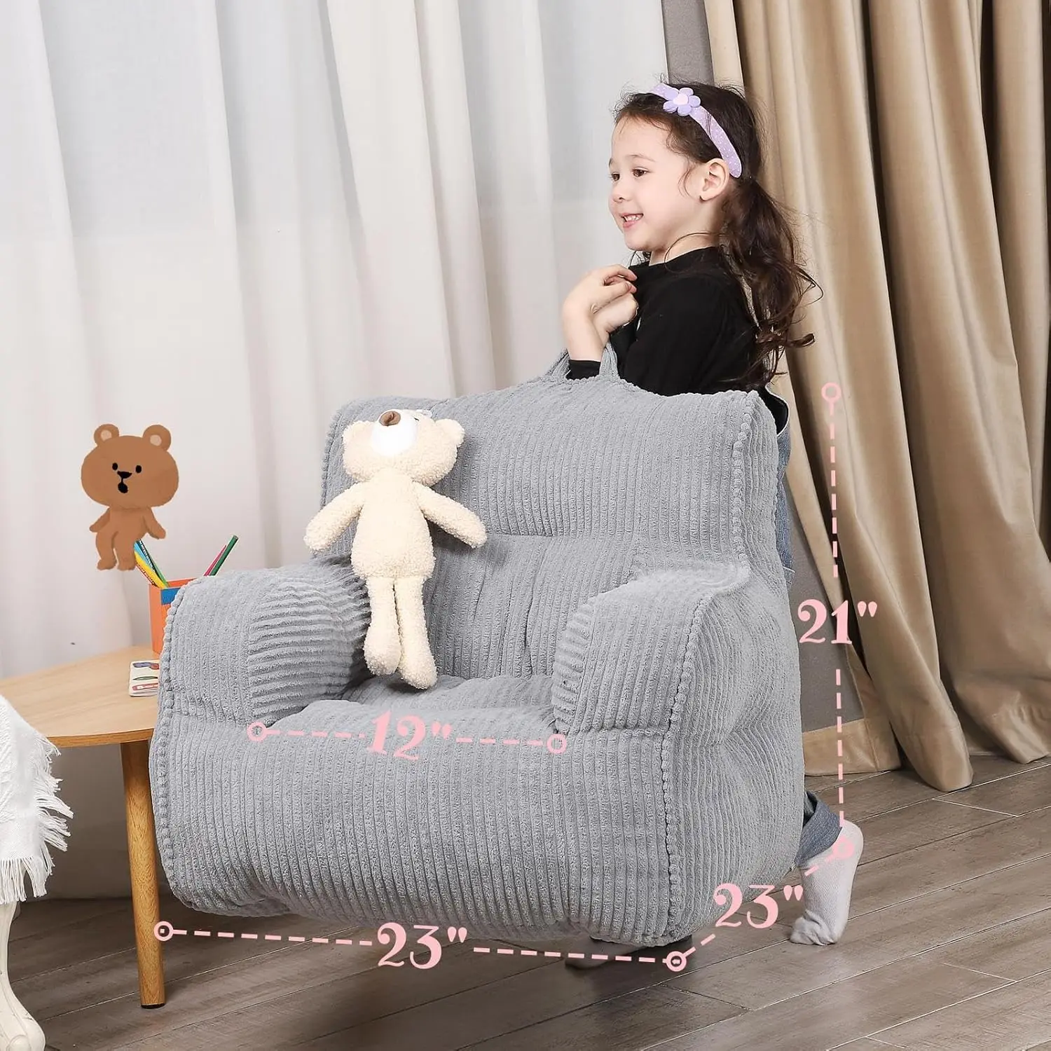 Bean Bag Chair with a Plush Bear, Comfy Toddler Chair for Boys and Girls, Grey