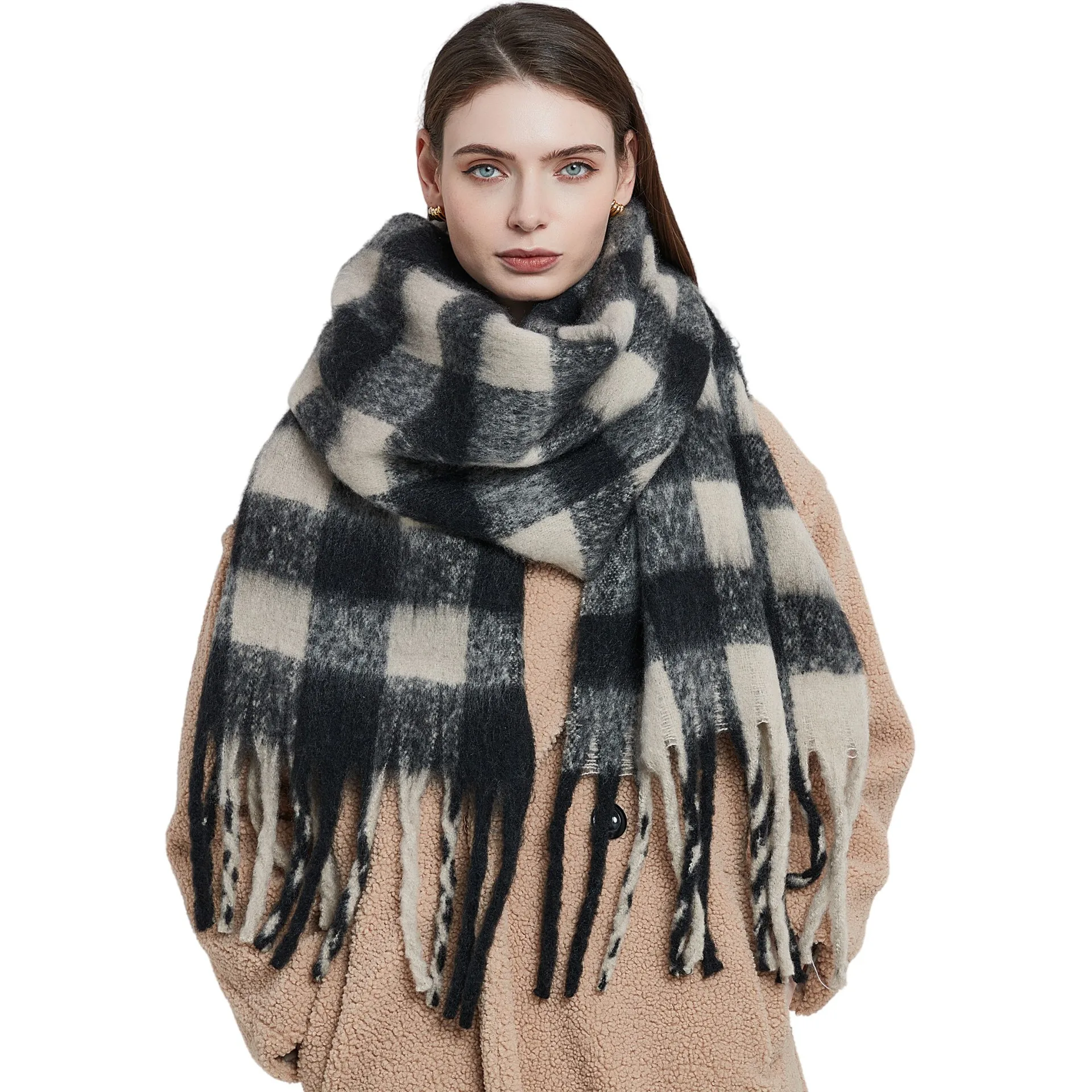 Thickened Plaid Scarf Shawl for Women Winter Season Black And White Tassel Design Warm Neck Warmer Shoulder Cover Accessory