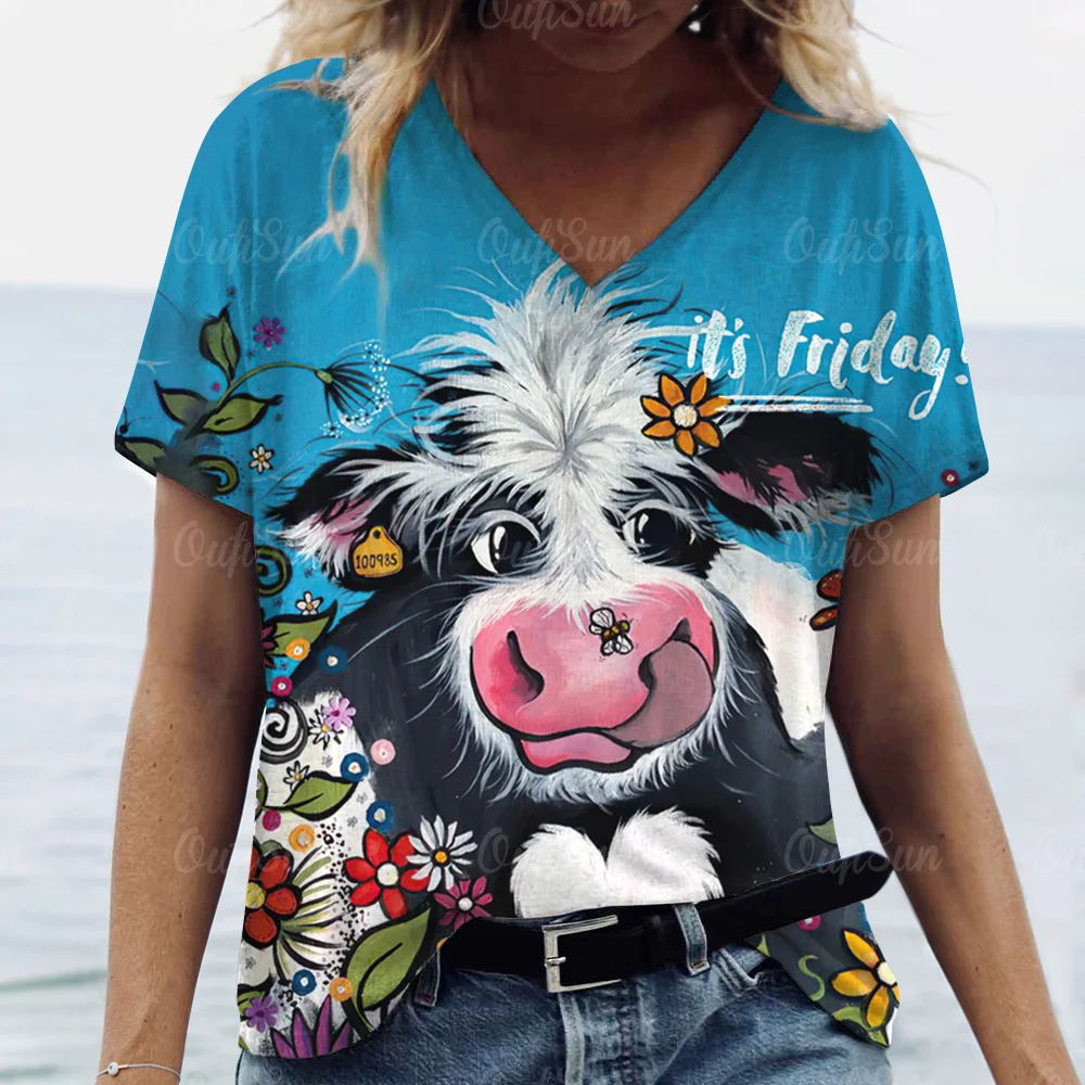 Summer Women's T-Shirt Y2k Style Short Sleeve Tops Anime Cow Print Ladies Clothing Female Loose Blouse V-Neck Fashion Streetwear