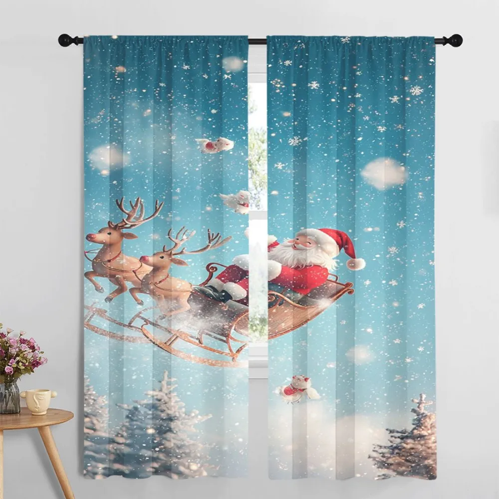 2PCS Digital Print Curtains, Santa Sleigh Reindeer Snow Night Pattern, Classic Christmas Style for Xmas Holiday Home Decor