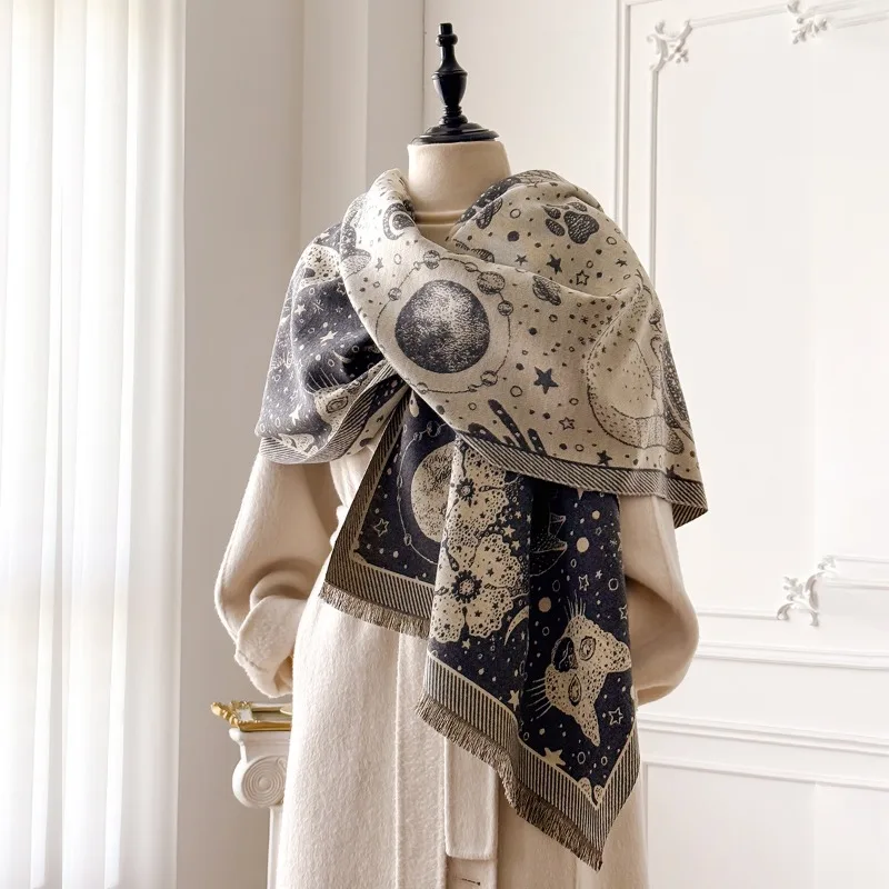 

New imitation cashmere scarf with cartoon cat and starry sky design, fashionable and thickened with fringe for autumn and winter