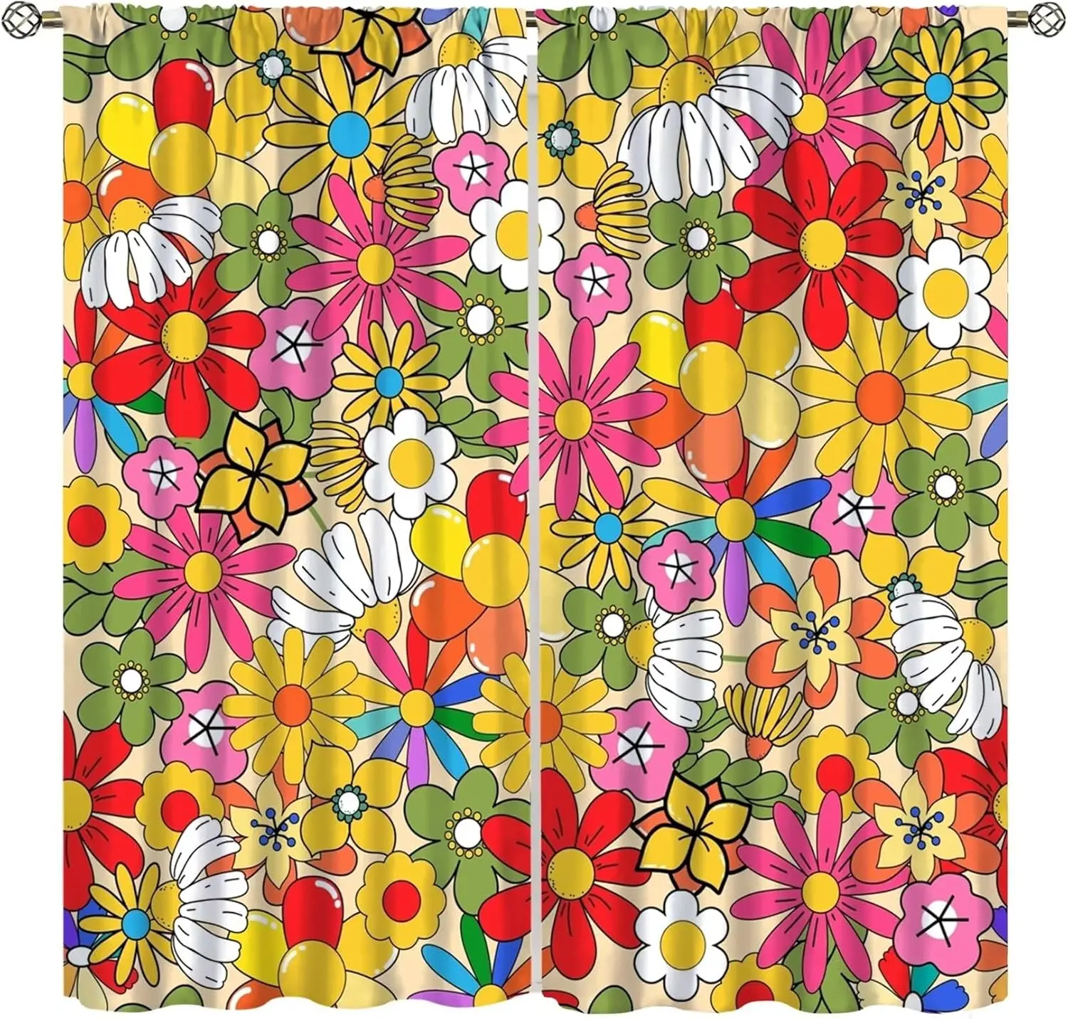 Boho Floral Vintage 70s Window Curtains, Hippie Bright Orange Flowers Groovy Blackout Drapes for Kids,Abstract Funny Art Print