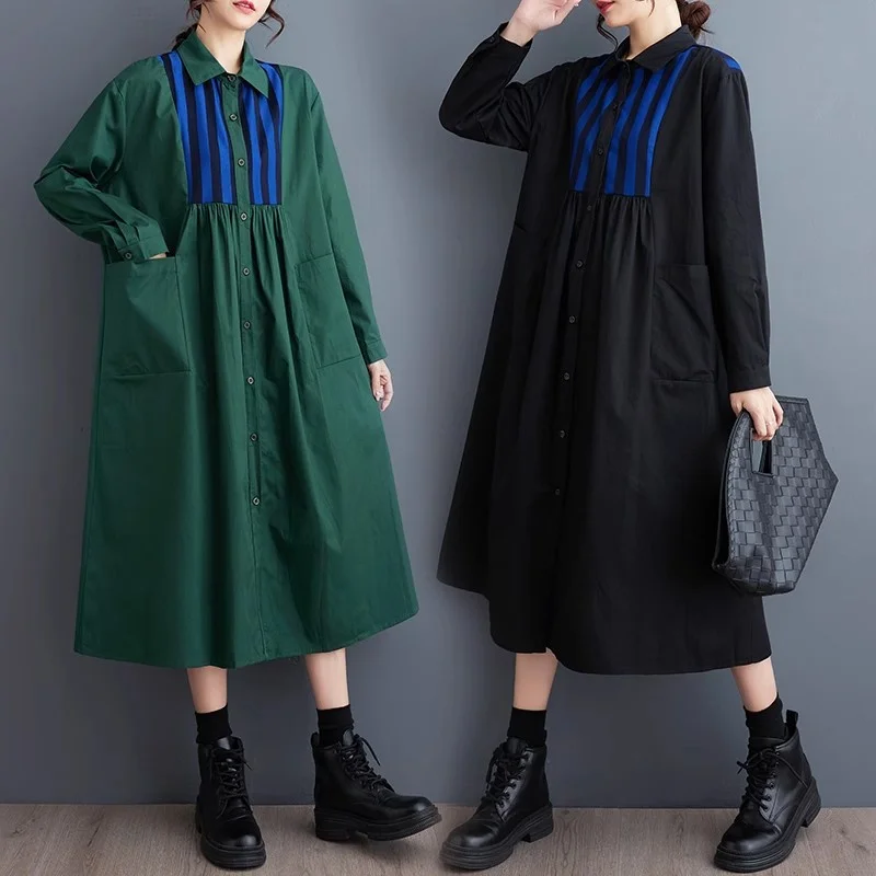 

Korean Loose Striped Patchwork Fashionable Shirt Dress For Women High Waist Large Pockets Casual Dress Autumn Winter Robe Z3959