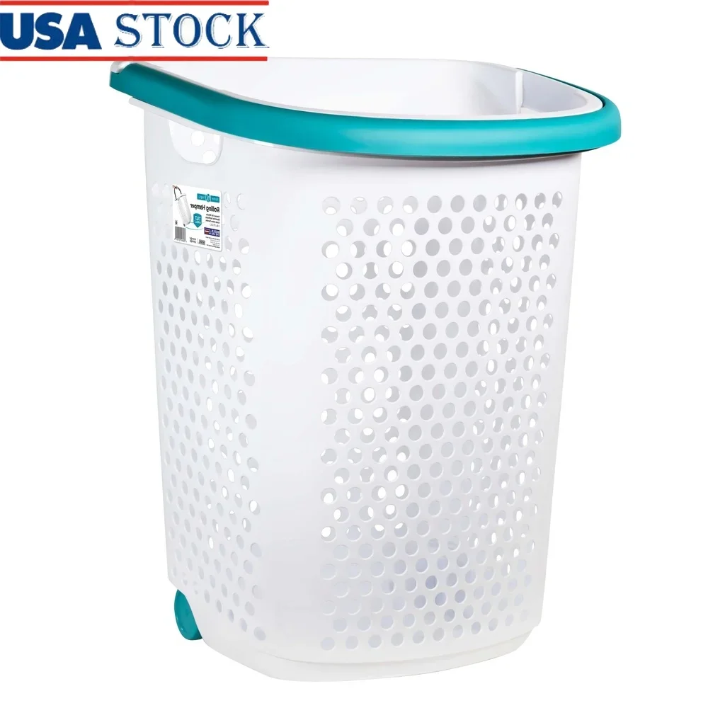 

Rolling Laundry Hamper with Pop-up Handle Plastic 2 Bushel Wheeled Basket Mobile Storage Adult Tween Ideal College Home Garage