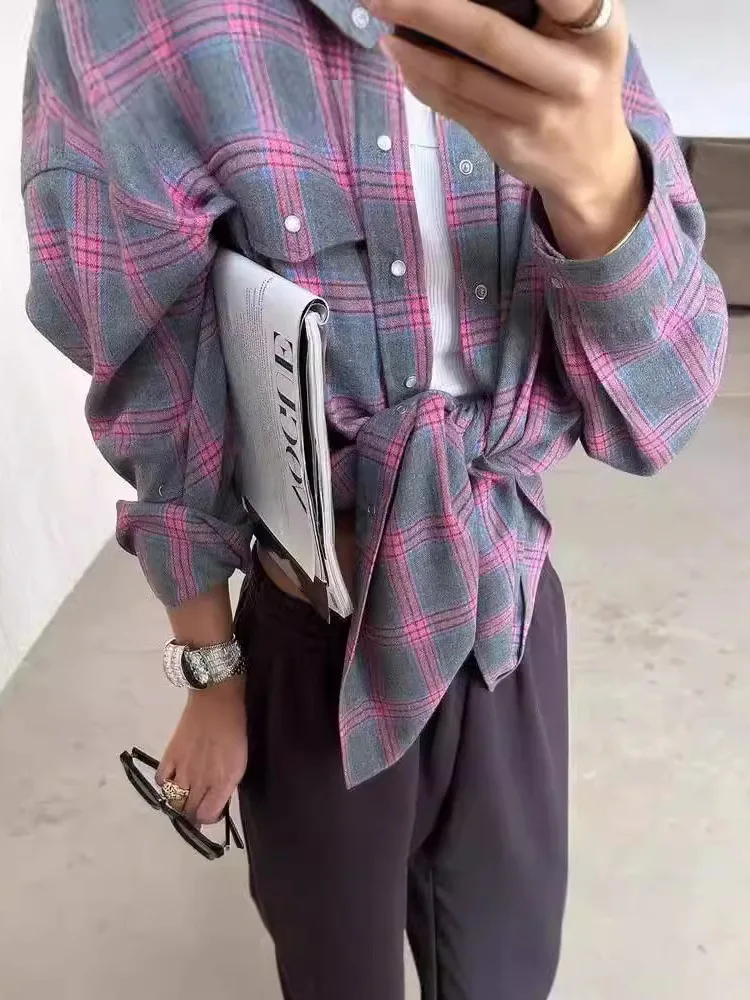 Damen Retro Plaid Long Sve irt Vielseitig Cheered Casual Sle Polyester Stoff Oulder-Breite Loose Fit Normale Länge