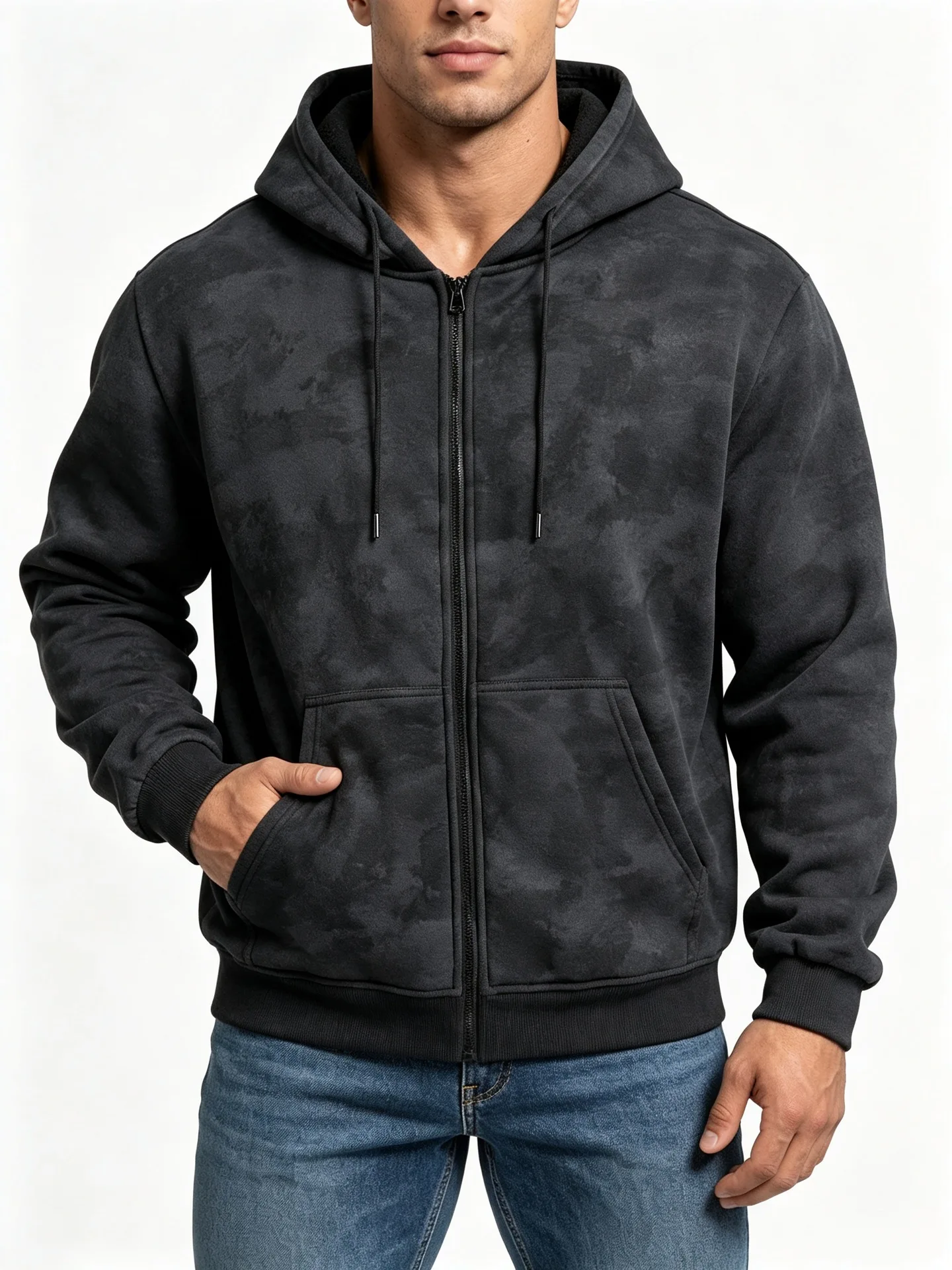 Men Tie Dye Zip Up Hoodie Heavyweight Full Zip Hooded Sweatshirt European High Street Loose Streetwear Autumn Casual Outerwear J
