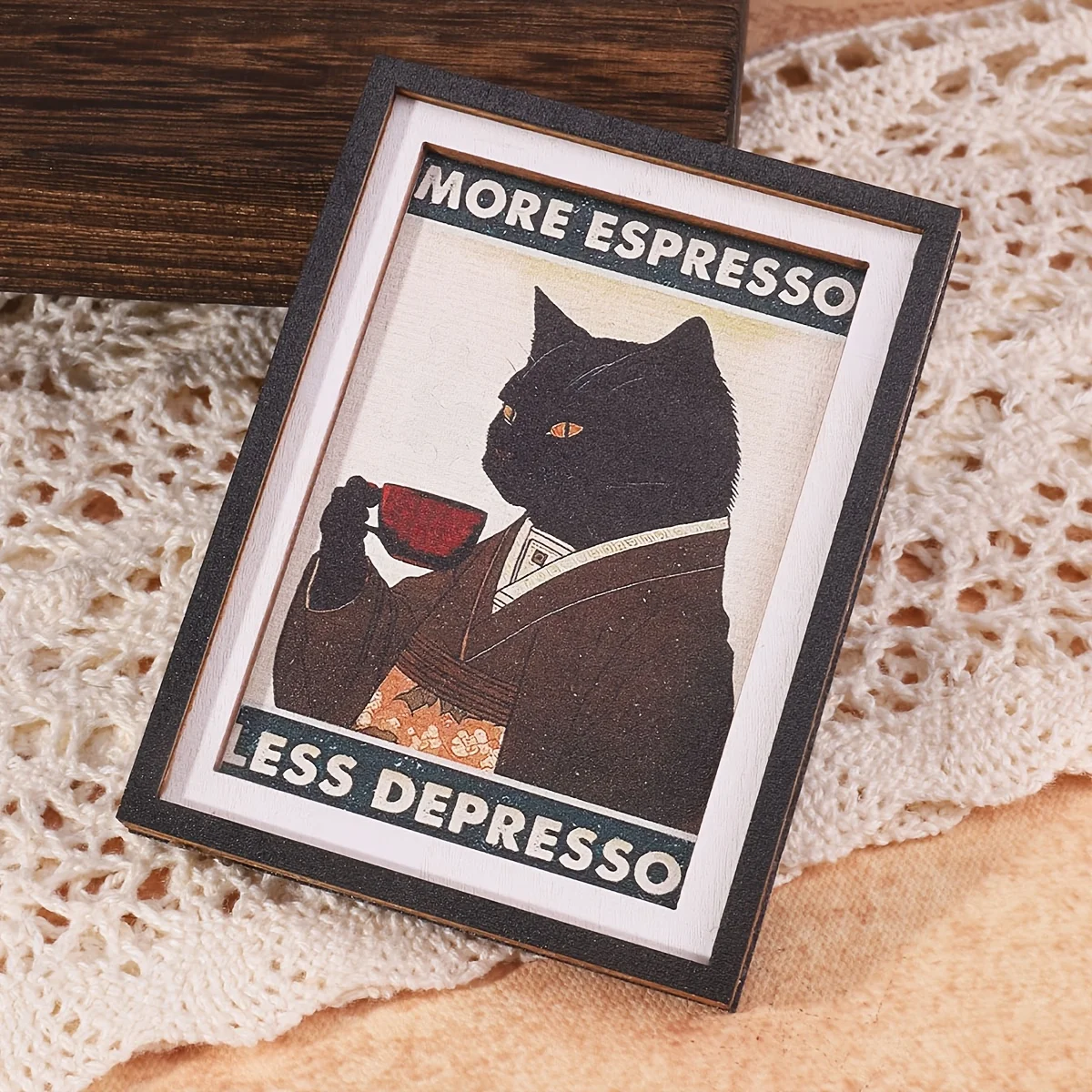 Wood Framed Black Cat Coffee Quote Fridge Magnet, More Espresso Less Depresso Kitty Refrigerator Decor Gift