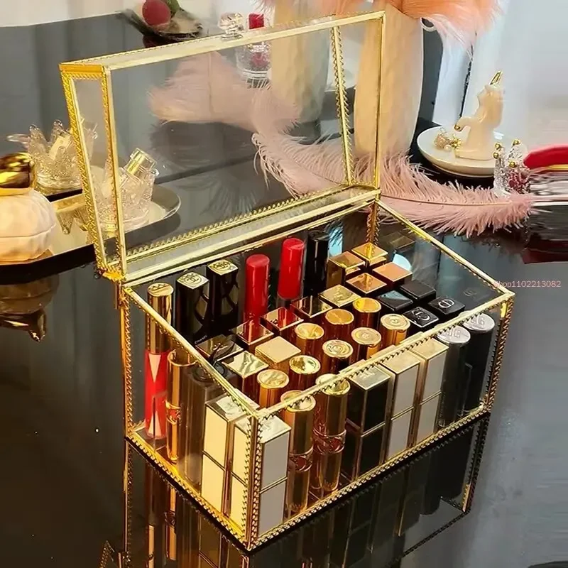 Women Golden Makeup Organizer Storage Box Glass Cosmetic Container for Lipstick Skin Care Nail Polish Perfume Display Stand