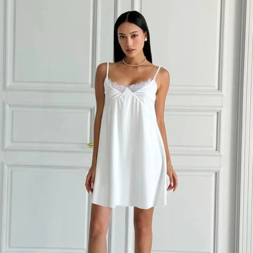 

Hiloc Sexy White Spaghetti Strap Short Night Dresses Summer Woven Sleeveless Sleepdress Lace Pullover Ruched Backless Nightgowns