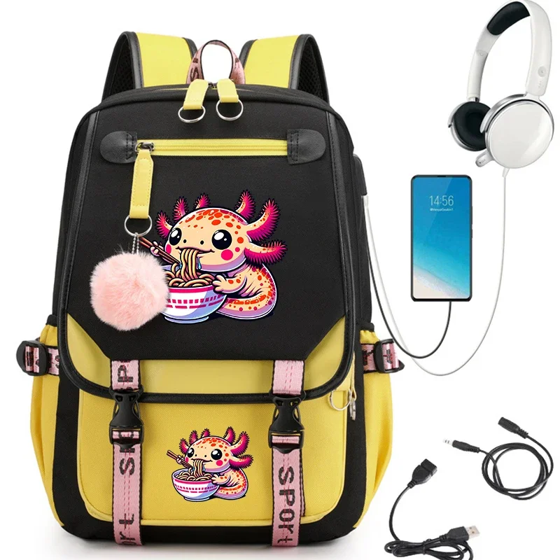 Axolotl jedzenie ramen makaron kreskówka tornister dla dzieci Anime Bookbag plecak studencki USB ładowanie dziewczyny plecak dla nastolatków