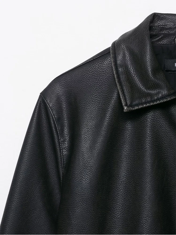 سترة نسائية جديدة على الطراز الأوروبي عصرية ومتعددة الاستخدامات أنيقة غير رسمية بياقة قلابة وأكمام طويلة وجيب من الجلد الصناعي. #3