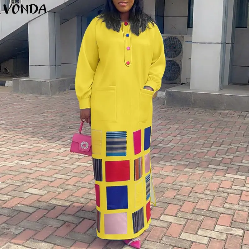 VONDA Plus Größe 5XL Vintage Frauen Maxi Kleid Mode Langarm Druck Böhmischen Vestido Casual Lose Taschen Oversize Party Robe