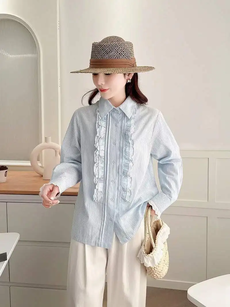 قميص قطني جديد لخريف 2025 بأكمام طويلة ، بلوزة نسائية مخططة بياقة مقلوبة ، بلوزة فضفاضة حلوة للتنقل من Mori Girl T59876CC #1