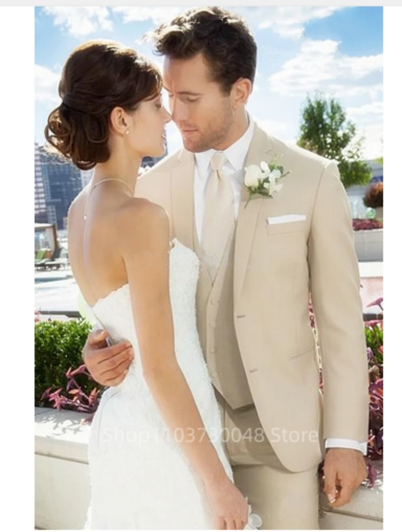 

Classic Style Khaki 3 Piece Slim Fit Formal Men's Tuxedo Suit Notch Lapel Single Breasted Blazer Vest Pants Set for Party Groom