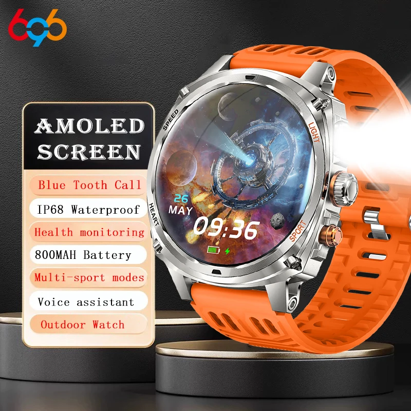 

Смарт-часы AMOLED для активного отдыха с функцией звонков по Bluetooth, измерением пульса, фонариком, водонепроницаемые, 800 мАч, для мужчин